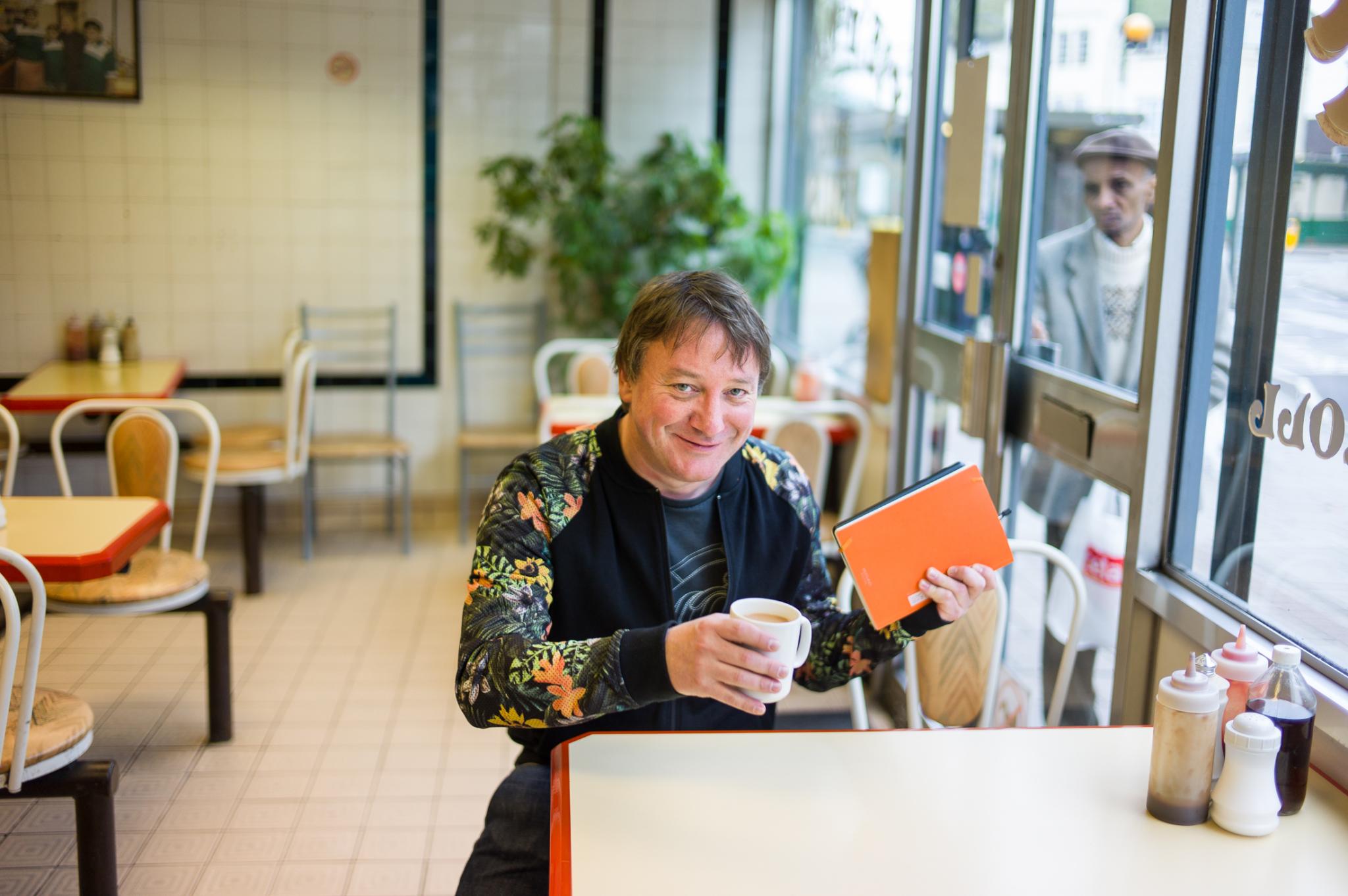 Mark Charmer at Lou Farrow's Pie and Mash Cafe, Southwark, London, October 2014