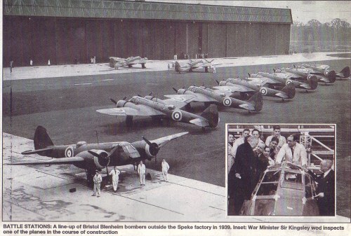 A line-up of Bristol Blenheim bombers outside the Speke factory, 1939.