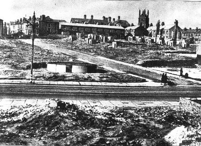 Bomb damage in the Barnston Street area during the May Blitz. The house where George was born would have stood near the centre of this photograph.